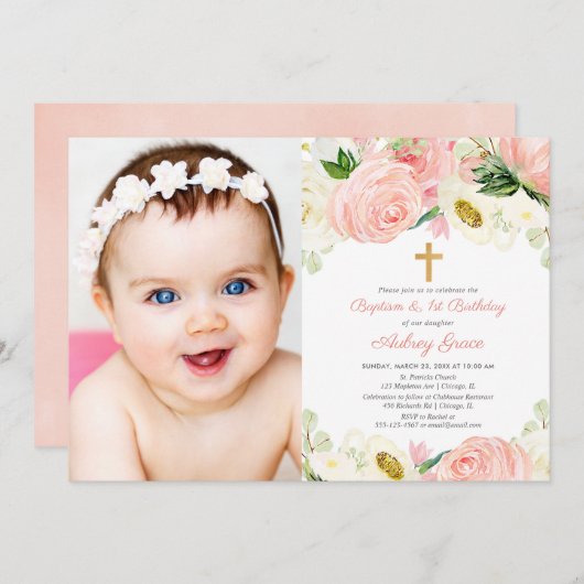 ピンクの金ゴールドバプテスマと1歳の誕生日のフォトガール 招待状 (正面/裏面)