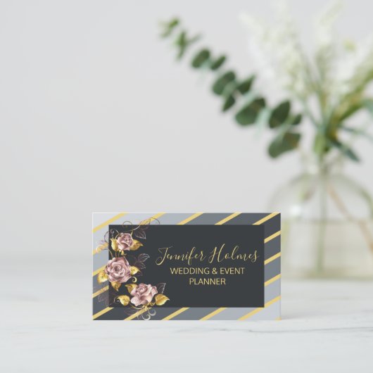 ピンクの金ゴールドバラグレイストライプゴールデンラインフローラ 名刺 (スタンド正面)