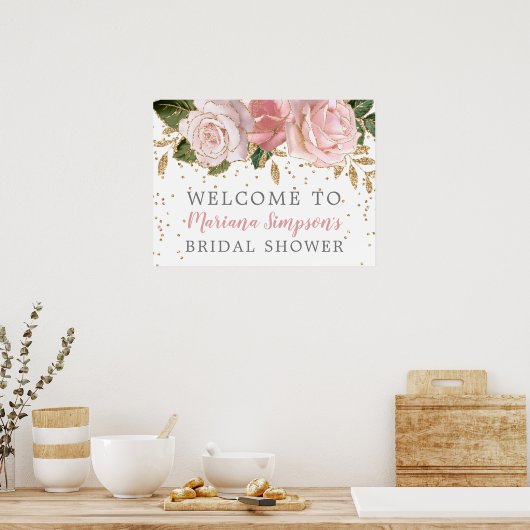 ピンクの金ゴールドバラブライダルシャワーウェルカムサイン ポスター (キッチン)