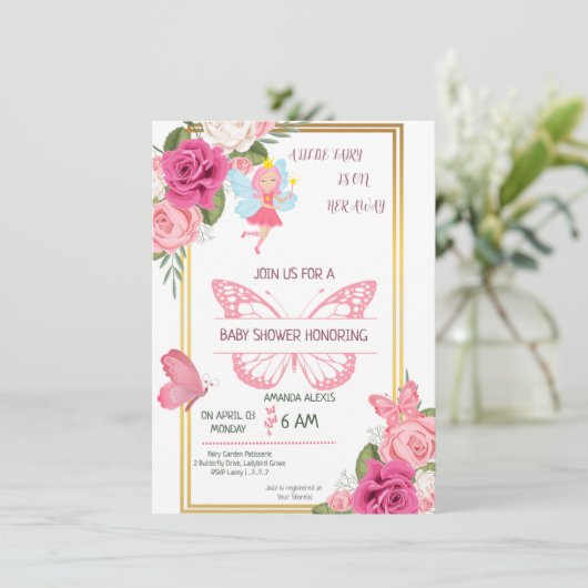 ピンクの金ゴールドバラ蝶の赤ちゃんシャワーの招待状 案内状 (スタンド正面)