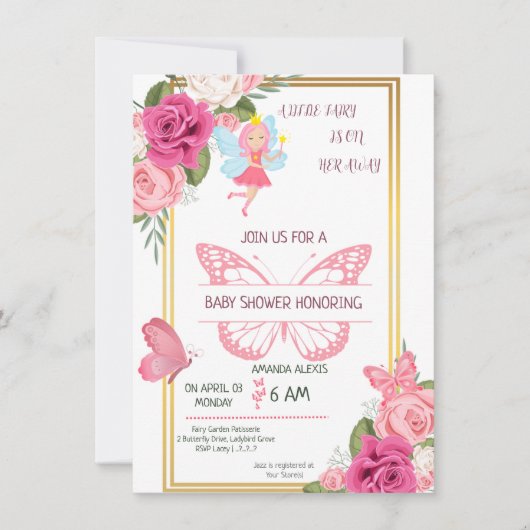 ピンクの金ゴールドバラ蝶の赤ちゃんシャワーの招待状 案内状 (正面)