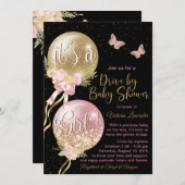 ピンクの金ゴールドバルーン蝶コービッドベビーシャワー 招待状 (正面/裏面)