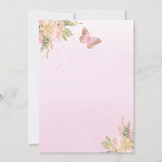 ピンクの金ゴールドバルーン赤ちゃんシャワーでバタフライドライブ 招待状 (裏面)