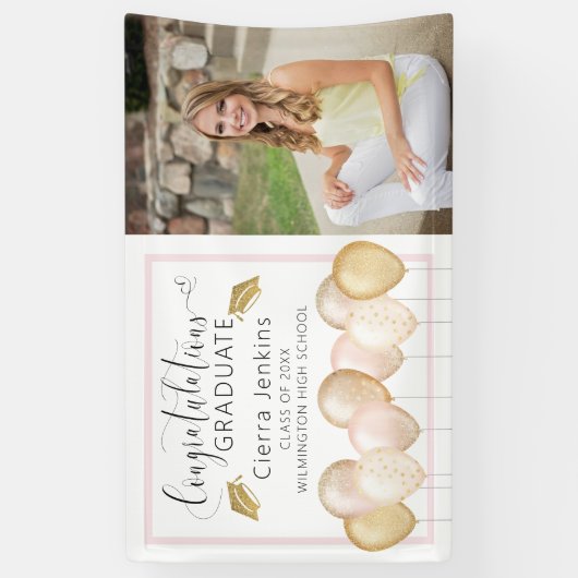 ピンクの金ゴールドバルーン1枚の写真卒業バナー 横断幕 (縦)