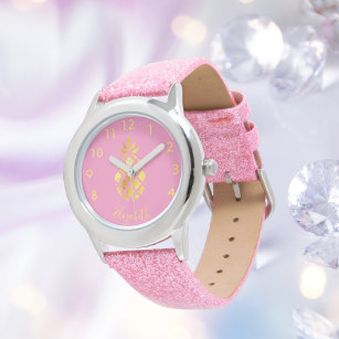 ピンクの金ゴールドパイナップル名スクリプト熱帯少女 腕時計