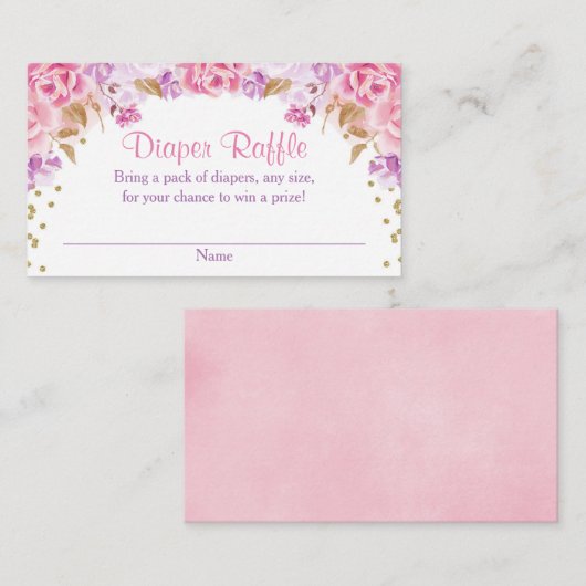 ピンクの金ゴールドパープルの女の子の赤ちゃんシャワーおむつラッフル エンクロージャーカード (正面/裏面)