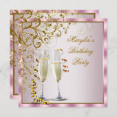 ピンクの金ゴールドパールピンクの金ゴールド女性の誕生日パーティー 招待状 (正面/裏面)