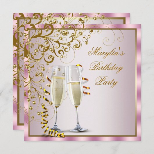 ピンクの金ゴールドパールピンクの金ゴールド女性の誕生日パーティー 招待状 (正面/裏面)