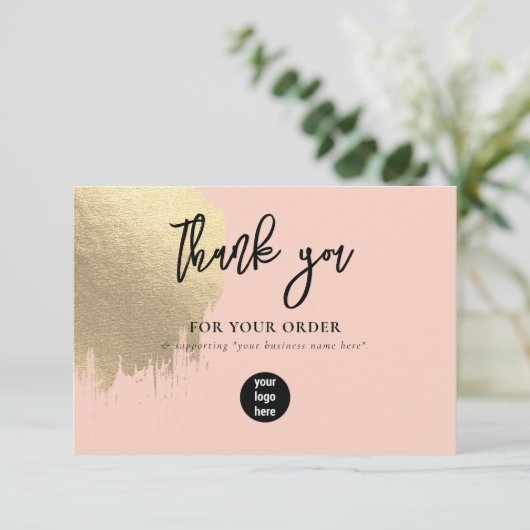 ピンクの金ゴールドビジネスありがとうロゴソーシャルメディア サンキューカード (スタンド正面)