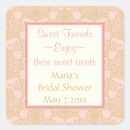 ピンクの金ゴールドフィリグラキャンディビュッフェスティッカー スクエアシール (正面)