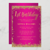 ピンクの金ゴールドフェイクグリッターガール1st誕生日 招待状 (正面/裏面)