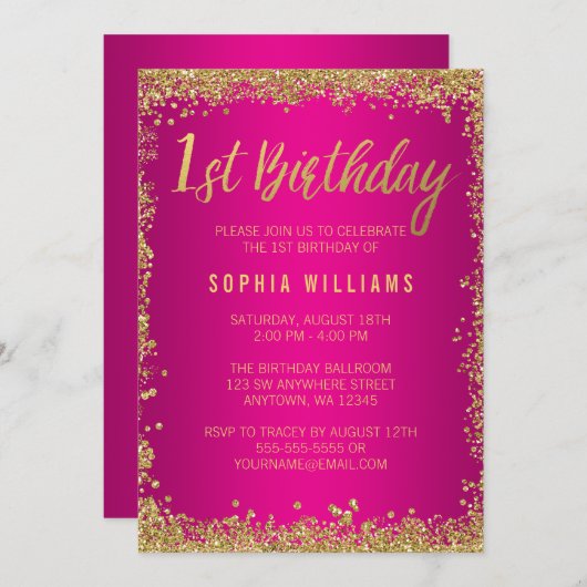 ピンクの金ゴールドフェイクグリッターガール1st誕生日 招待状 (正面/裏面)