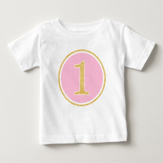 ピンクの金ゴールドフェイクグリッターサークル1st誕生日 ベビーTシャツ (正面)
