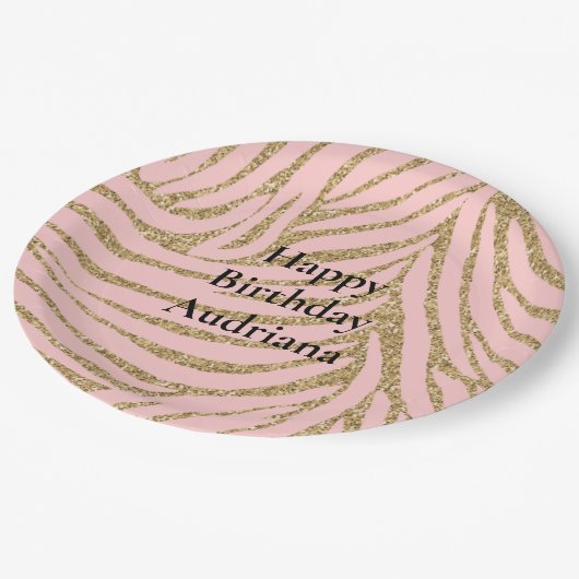 ピンクの金ゴールドフェイクグリッターゼブラプリント ペーパープレート (アングル)