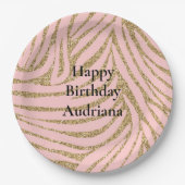 ピンクの金ゴールドフェイクグリッターゼブラプリント ペーパープレート (正面)