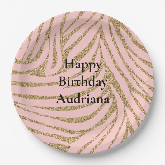 ピンクの金ゴールドフェイクグリッターゼブラプリント ペーパープレート (正面)