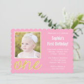 ピンクの金ゴールドフェイクグリッター写真1歳の誕生日 招待状 (スタンド正面)