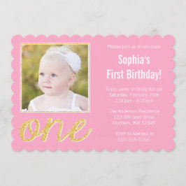 ピンクの金ゴールドフェイクグリッター写真1歳の誕生日 招待状