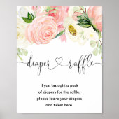 ピンクの金ゴールドフローラおむつラッフルサイン女の子シャワー ポスター (正面)