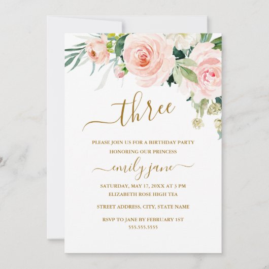 ピンクの金ゴールドフローラの3番目の誕生日パーティー 招待状 (正面)