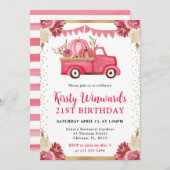 ピンクの金ゴールドフローラカボチャートラック秋21st誕生日 招待状 (正面/裏面)