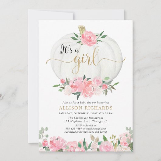 ピンクの金ゴールドフローラカボチャ女の子の赤ちゃんシャワー 招待状 (正面)