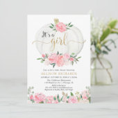 ピンクの金ゴールドフローラカボチャ女の子の赤ちゃんシャワー 招待状 (スタンド正面)