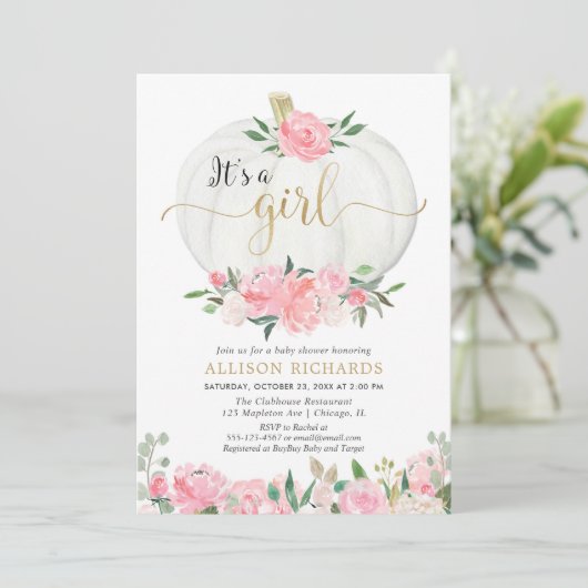 ピンクの金ゴールドフローラカボチャ女の子の赤ちゃんシャワー 招待状 (スタンド正面)