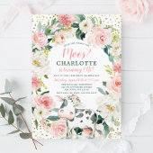 ピンクの金ゴールドフローラガールガール牛の最初の誕生日 招待状