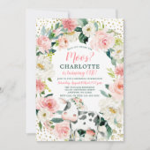 ピンクの金ゴールドフローラガールガール牛の最初の誕生日 招待状 (正面)