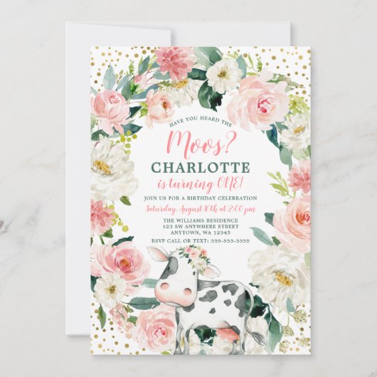 ピンクの金ゴールドフローラガールガール牛の最初の誕生日 招待状 (正面)