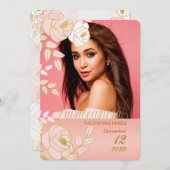 ピンクの金ゴールドフローラキンセアニェラと写真 招待状 (正面/裏面)
