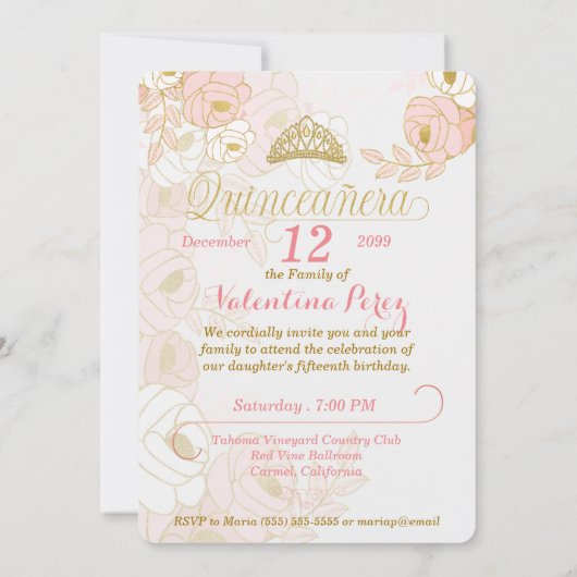 ピンクの金ゴールドフローラキンセアニェラと写真 招待状 (裏面)