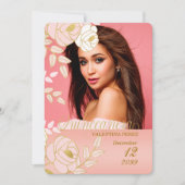 ピンクの金ゴールドフローラキンセアニェラと写真 招待状 (正面)