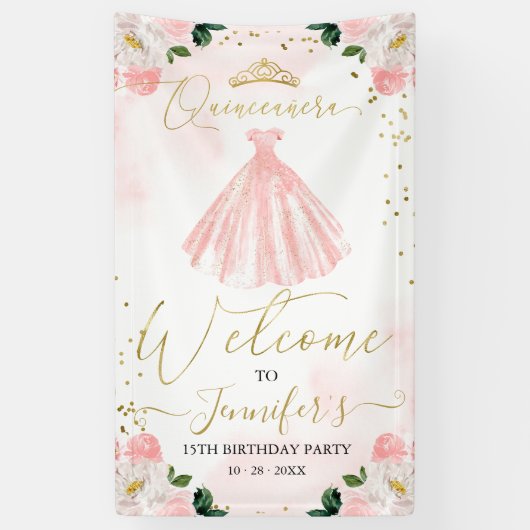 ピンクの金ゴールドフローラキンセアニェラウェルカムサイン 横断幕 (縦)
