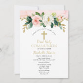 ピンクの金ゴールドフローラクロスファースト聖体拝領ガール 招待状 (正面)