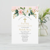 ピンクの金ゴールドフローラクロスファースト聖体拝領ガール 招待状 (スタンド正面)