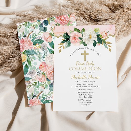 ピンクの金ゴールドフローラクロスファースト聖体拝領ガール 招待状