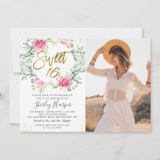ピンクの金ゴールドフローラグリーンリースイート16誕生日写真 招待状 (正面)