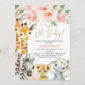 ピンクの金ゴールドフローラサファリ動物のベビーシャワー 招待状 (正面/裏面)