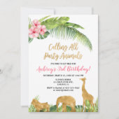 ピンクの金ゴールドフローラサファリ動物の女の子の誕生日 招待状 (正面)