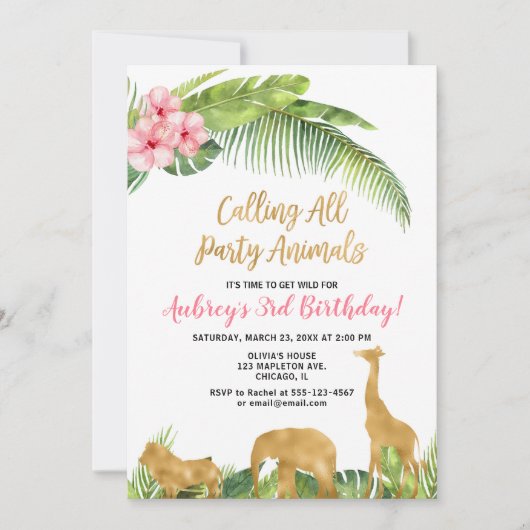 ピンクの金ゴールドフローラサファリ動物の女の子の誕生日 招待状 (正面)
