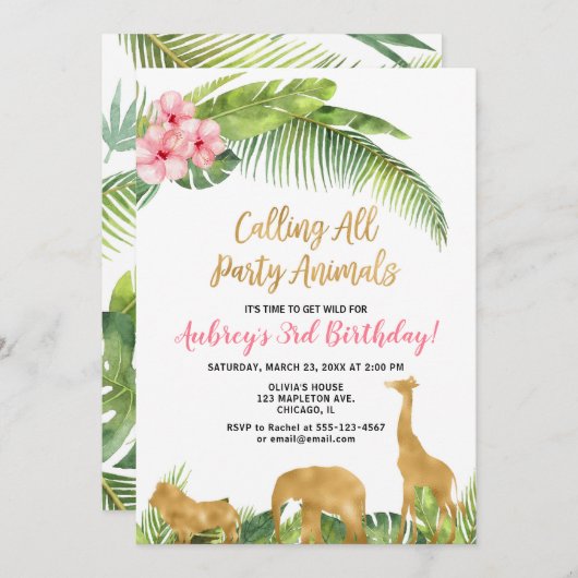 ピンクの金ゴールドフローラサファリ動物の女の子の誕生日 招待状 (正面/裏面)