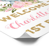 ピンクの金ゴールドフローラゾウ1歳の誕生日へようこそ ポスター (角)