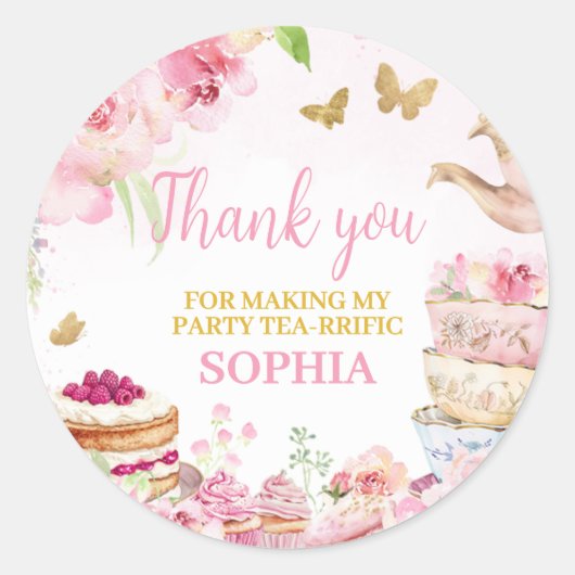 ピンクの金ゴールドフローラティーPar-Tea誕生日パーティー ラウンドシール (正面)