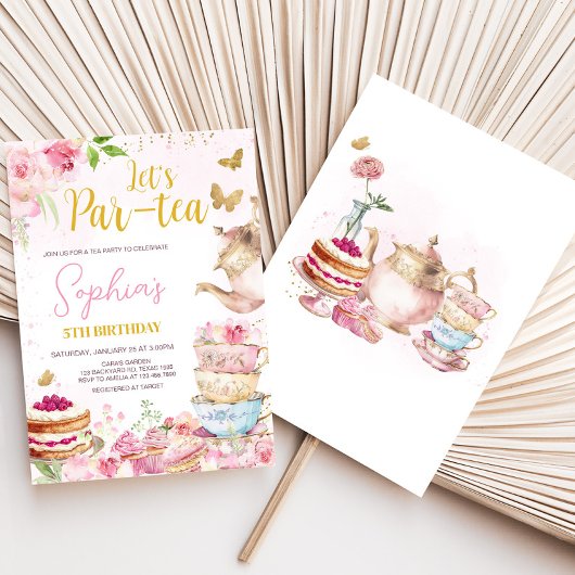 ピンクの金ゴールドフローラティーPar-Tea誕生日パーティー 招待状