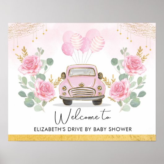 ピンクの金ゴールドフローラドライブBy Baby Shower Welcome ポスター (正面)