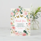 ピンクの金ゴールドフローラバタフライガールベビーシャワー サンキューカード (スタンド正面)