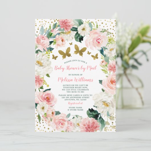 ピンクの金ゴールドフローラバタフライベビーシャワーバイメール 招待状 (スタンド正面)