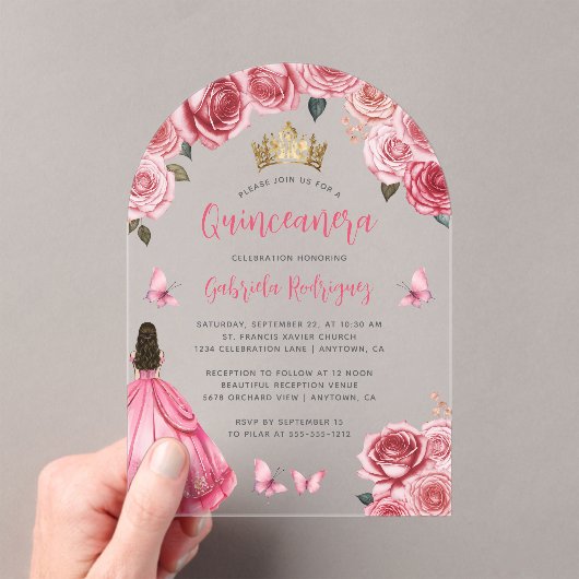 ピンクの金ゴールドフローラバラウォーターカラーキンセアニラ アクリル招待状 (インサイチュ (ポータブル))